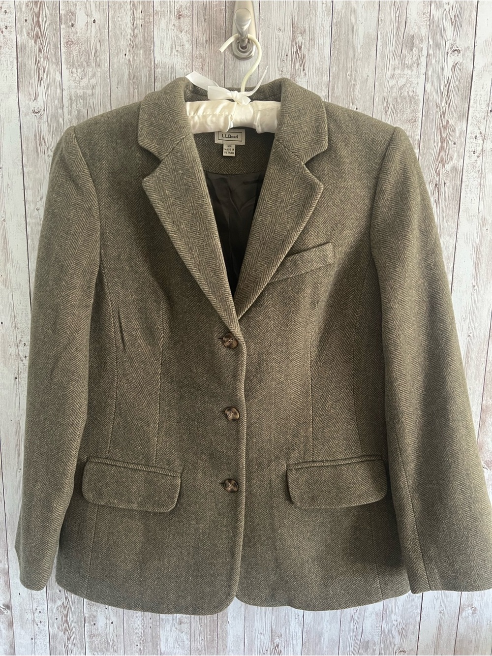 L.L. Bean Wool Cashmere Blend Herringbone Olive Tan Blazer Women’s Size 10